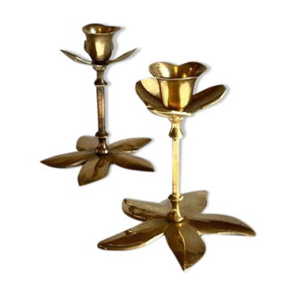 Pair of VINTAGE solid BRASS Flower CANDLE HOLDERS