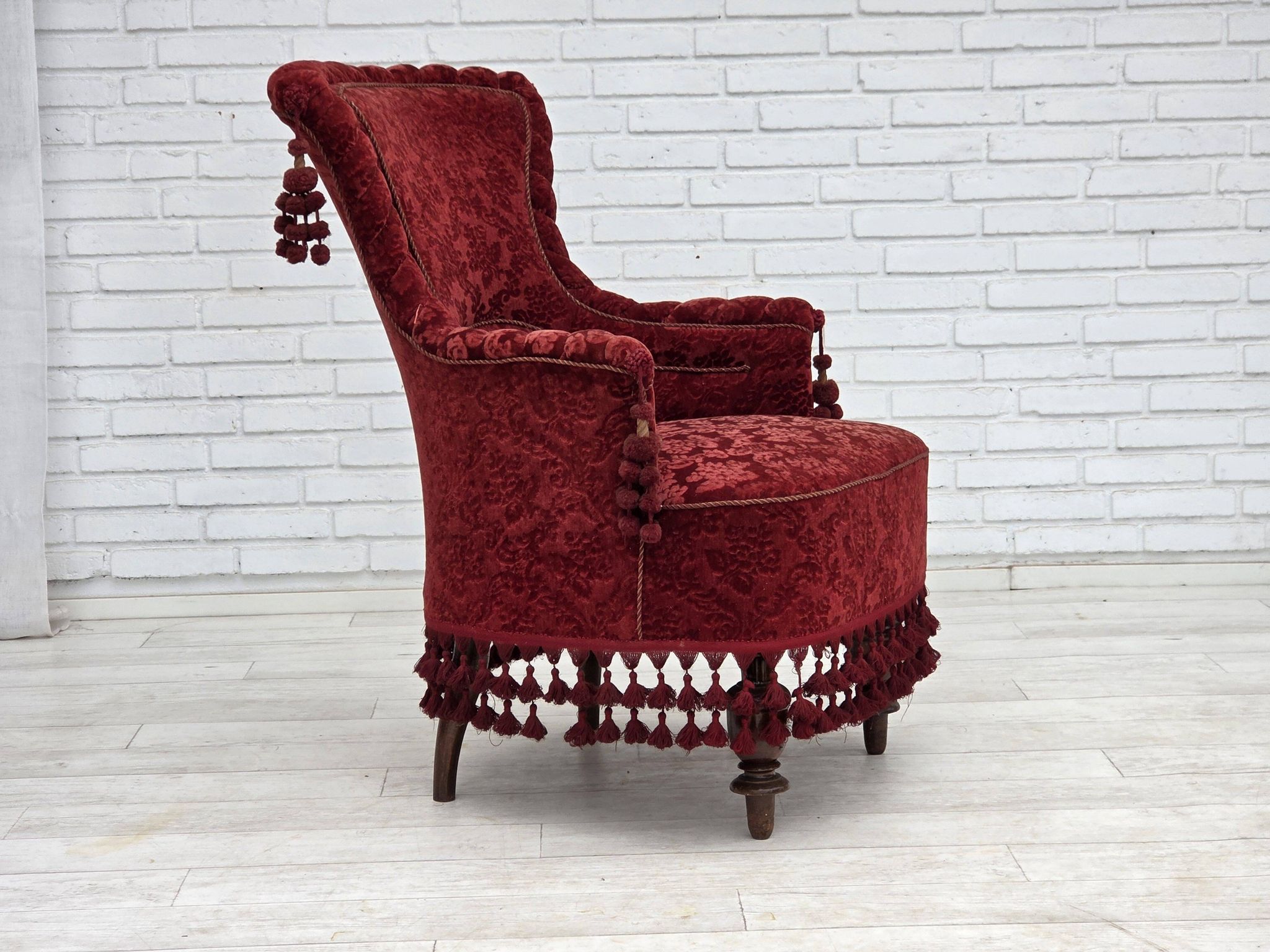 1950s, Danish armchair, furniture velour, beech wood legs.