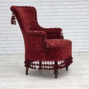 1950s, Danish armchair, furniture velour, beech wood legs.