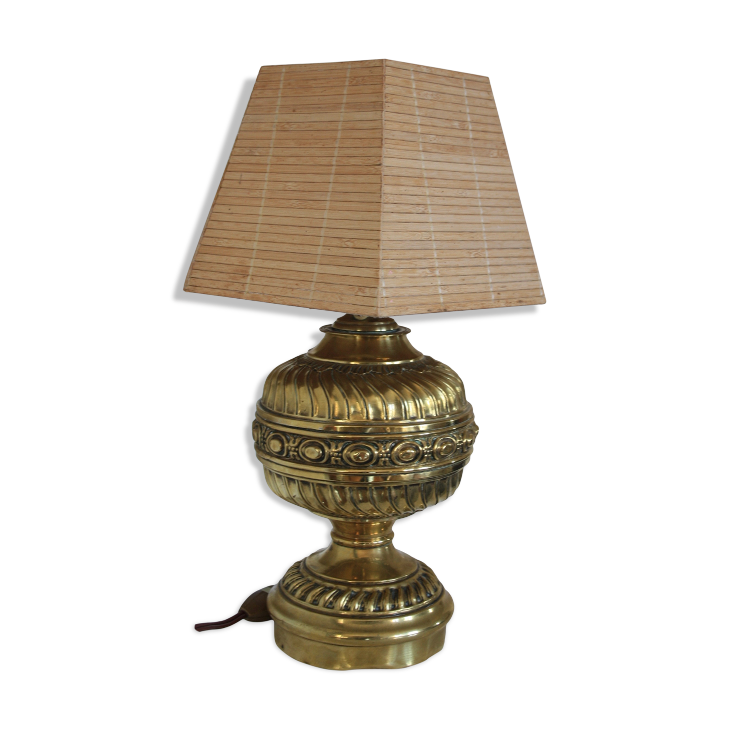 Lampe pied laiton abat-jour rotin | Selency