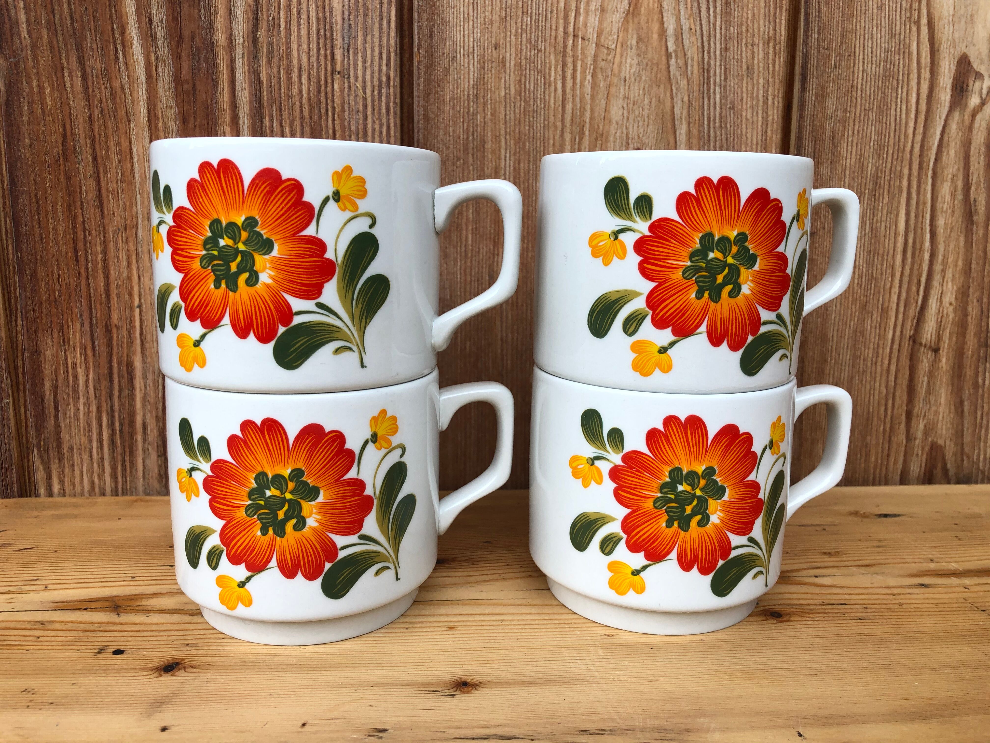 Lot of 4 mug old vintage orange flower decoration stackable. Unstoppable state