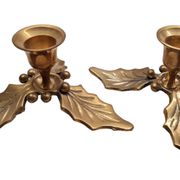 Vintage brass candlesticks Christmas decoration holly