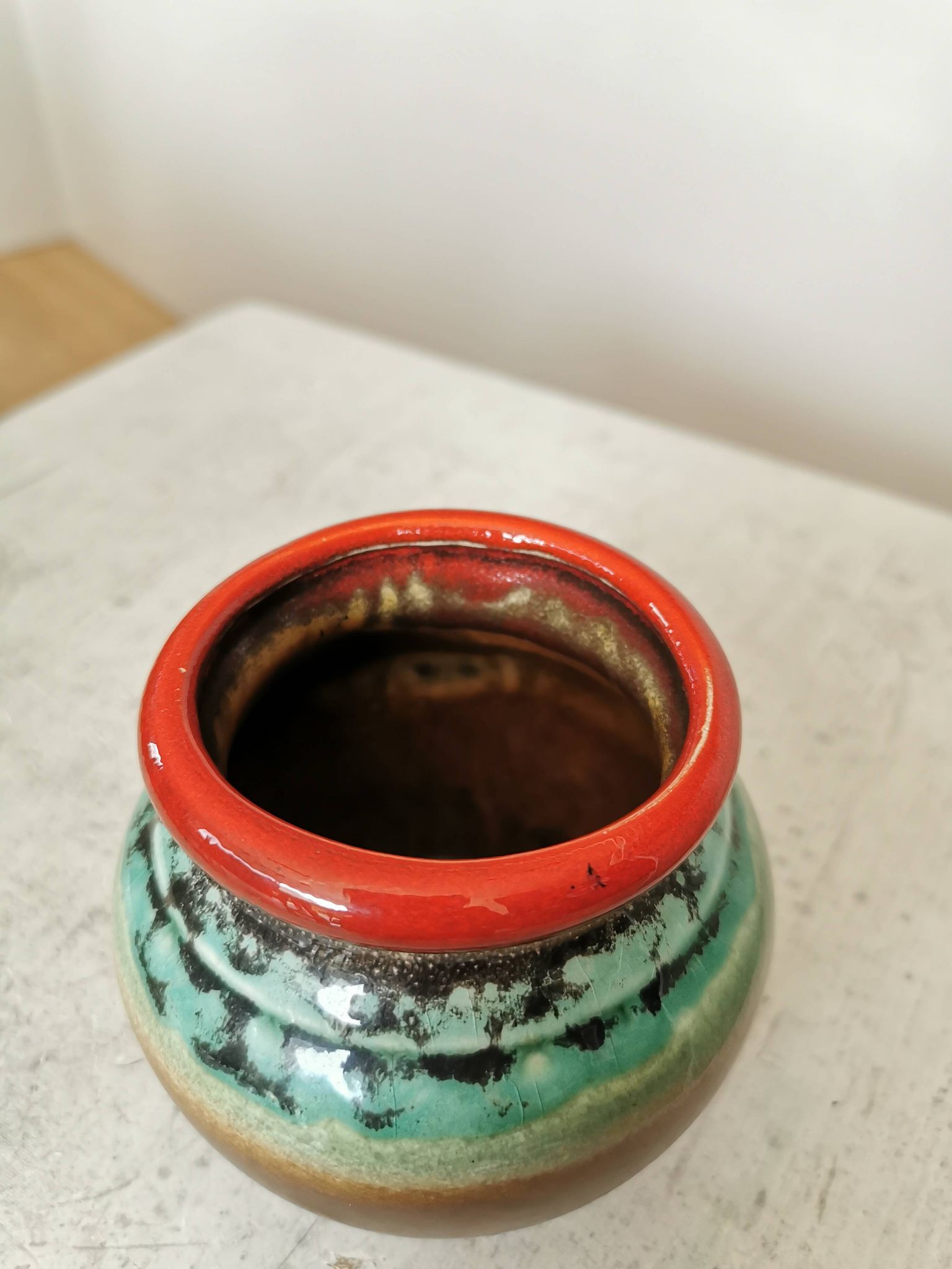 Vintage KIL Yugoslavia Pottery Vase: Brown, Turquoise & Red Rim, 1970s