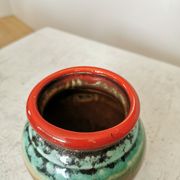 Vintage KIL Yugoslavia Pottery Vase: Brown, Turquoise & Red Rim, 1970s