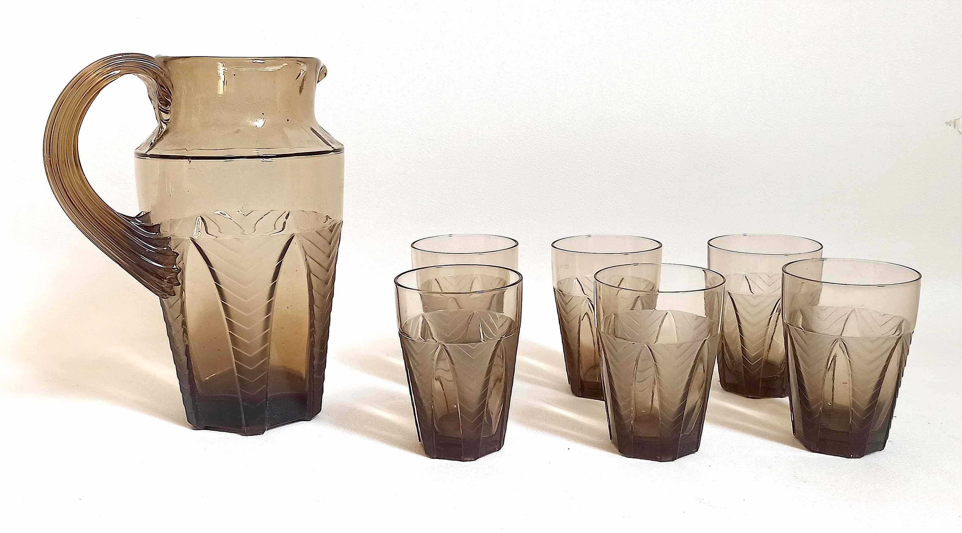 Orangeade or lemonade service Pitcher + 6 Art Deco glasses