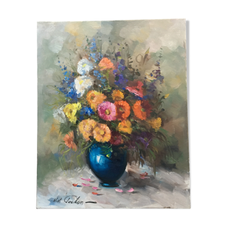 Huile sur toile "Bouquet au vase bleu"  40x50cm