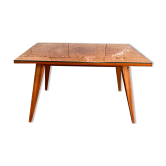 Vintage Scandinavian style teak coffee table with compass legs and glass top - 60s