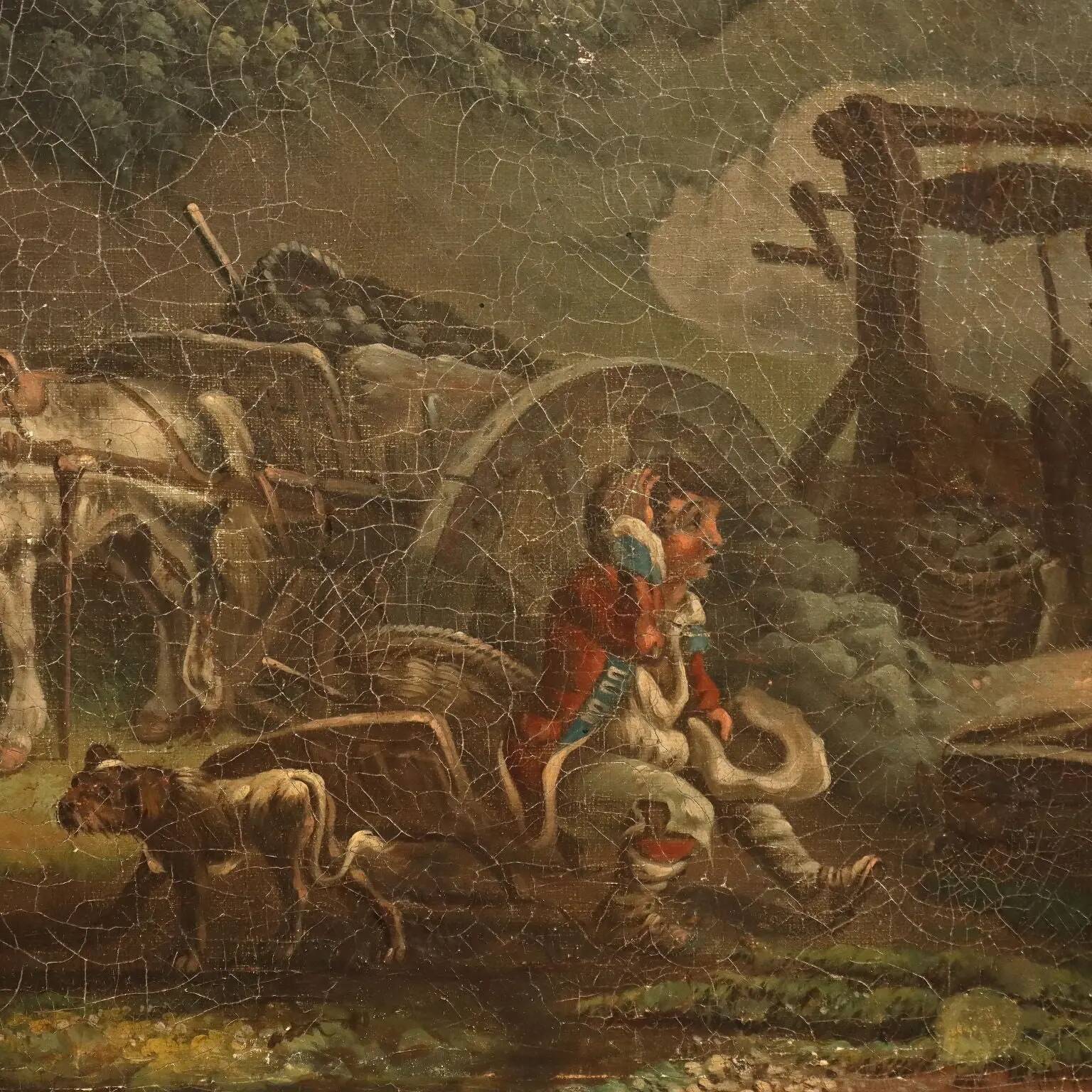 Old painting of a landscape with peasants, oil on canvas, Europe '800.