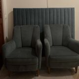 lot pair of signed armchairs with headboard