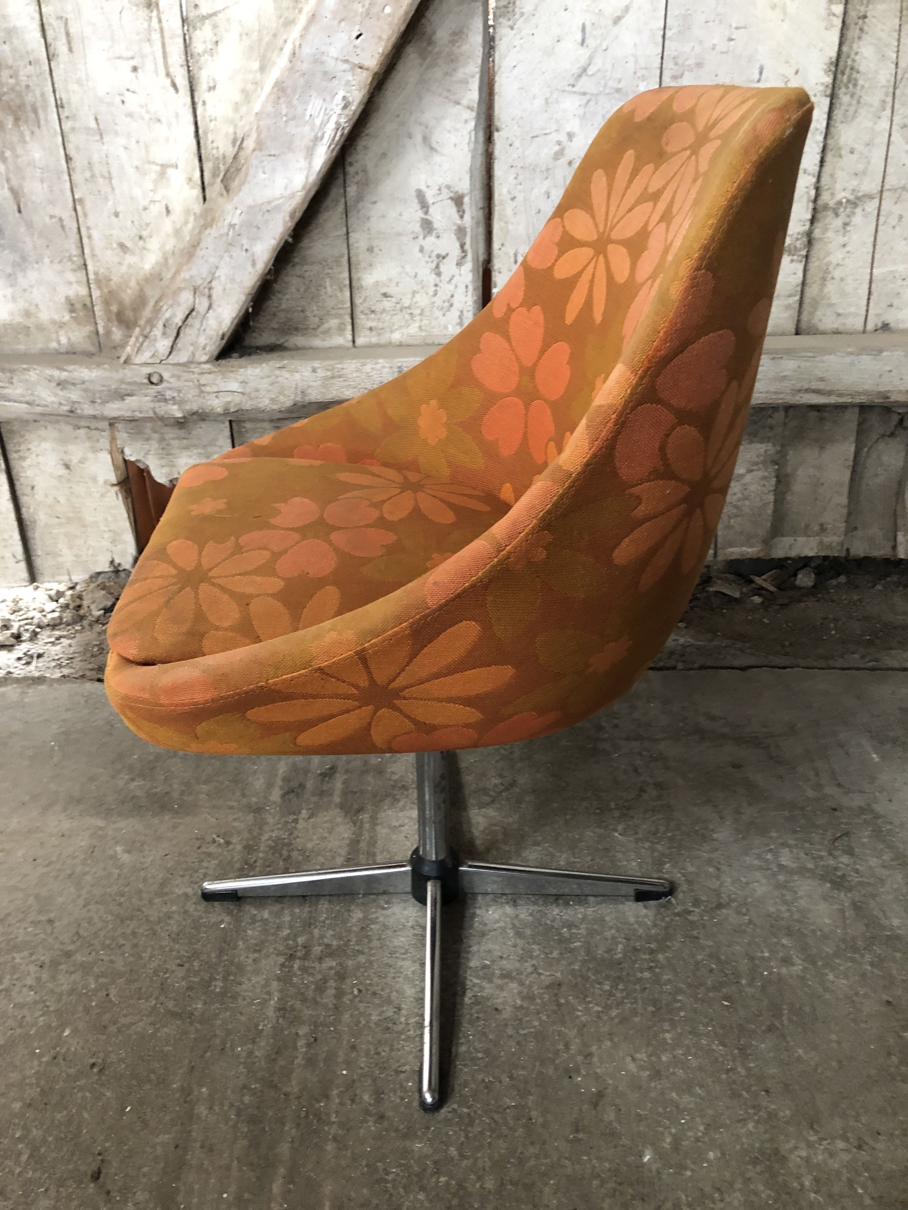 Old chair shell fabric flowers orange
