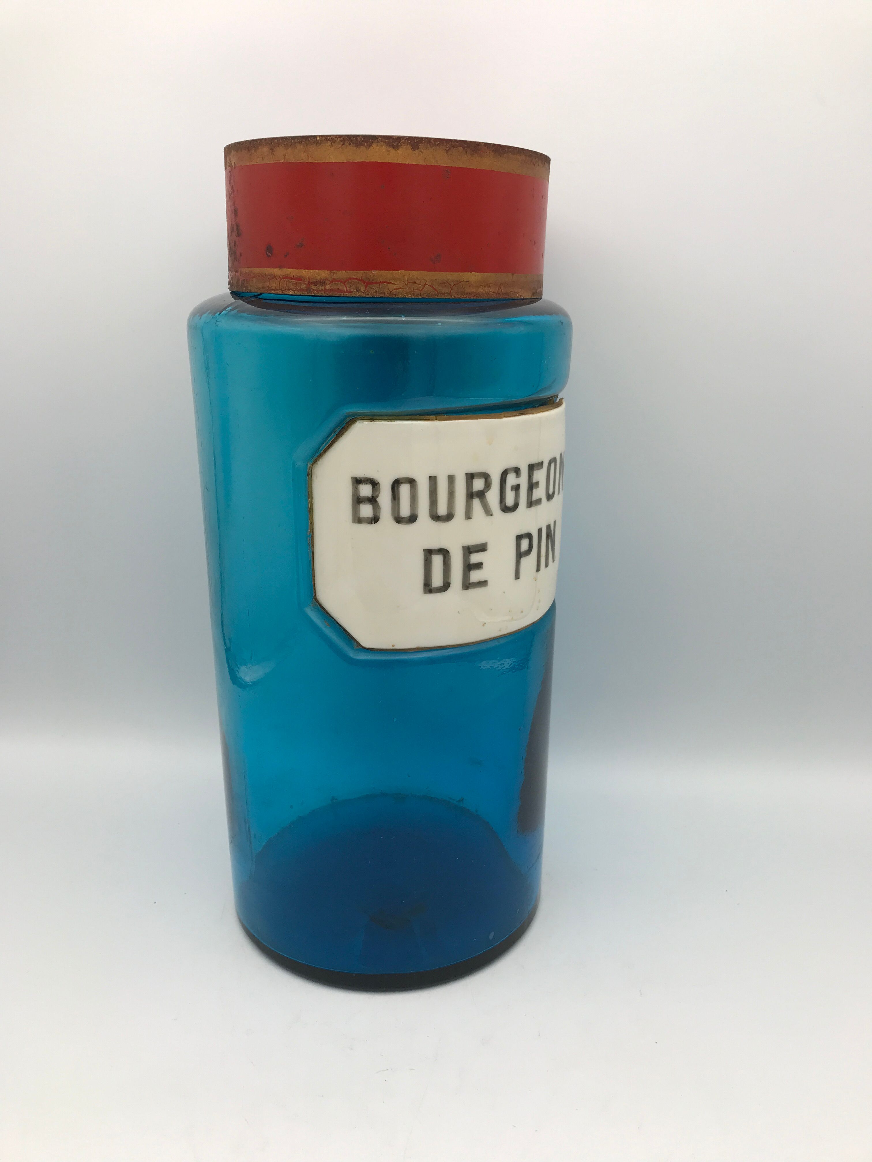 Flacon bocal de pharmacie apothicaire en verre bleu, plaque bourgeons de pin, 26,5 cm