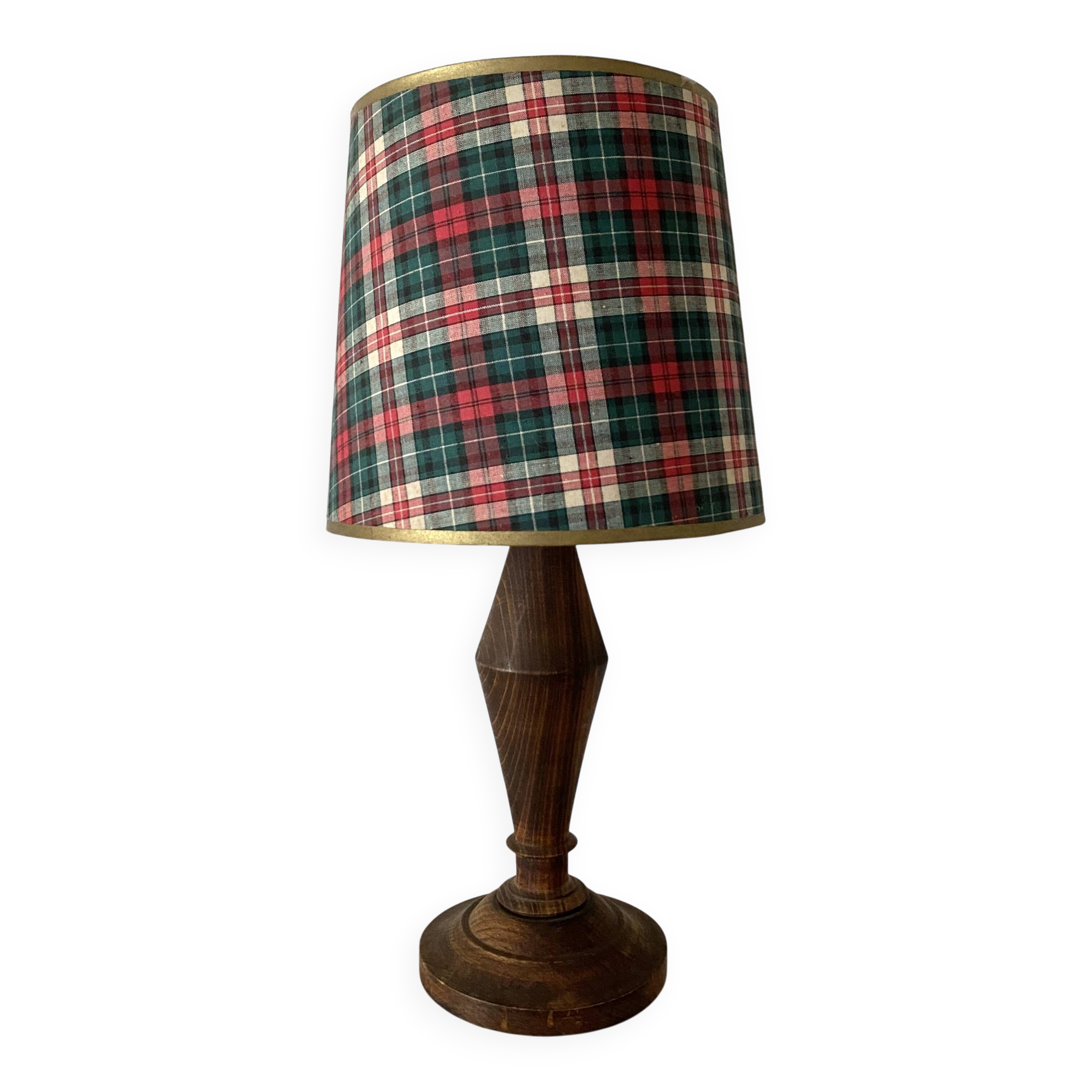 Turned wooden lamp, tartan lampshade.