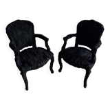 Set of 2 Black Feather-Textured Upholstered Theatrical Armchairs — Wood Frame, Dramatic Baroque Revival Style