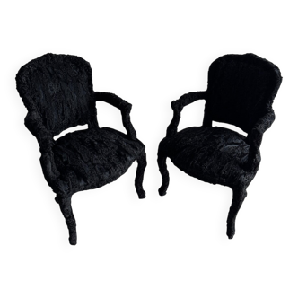 Set of 2 Black Feather-Textured Upholstered Theatrical Armchairs — Wood Frame, Dramatic Baroque Revival Style