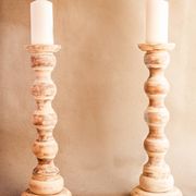 Stripped wooden chandeliers. Wooden candle holder. Candlesticks.