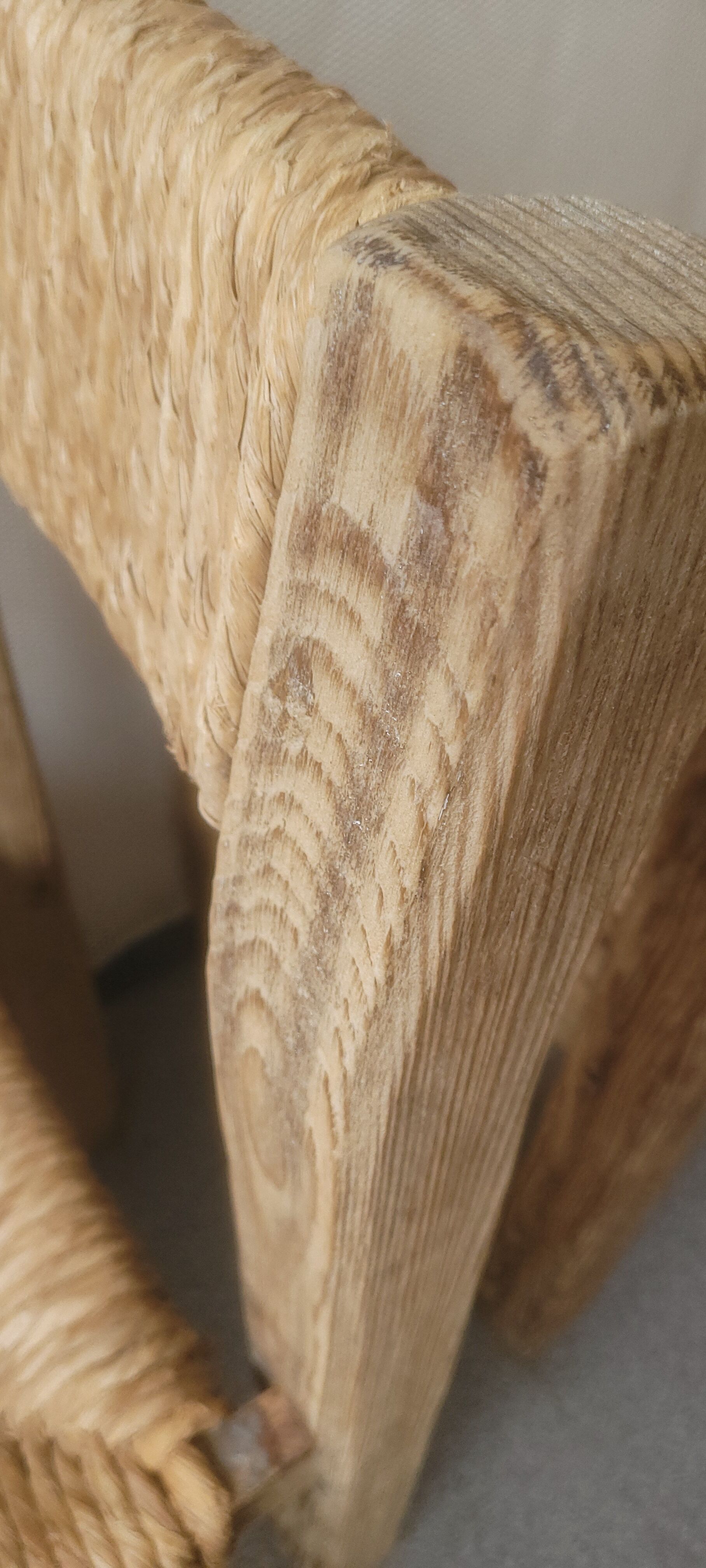 Pair of brutalist chairs in wood and straw