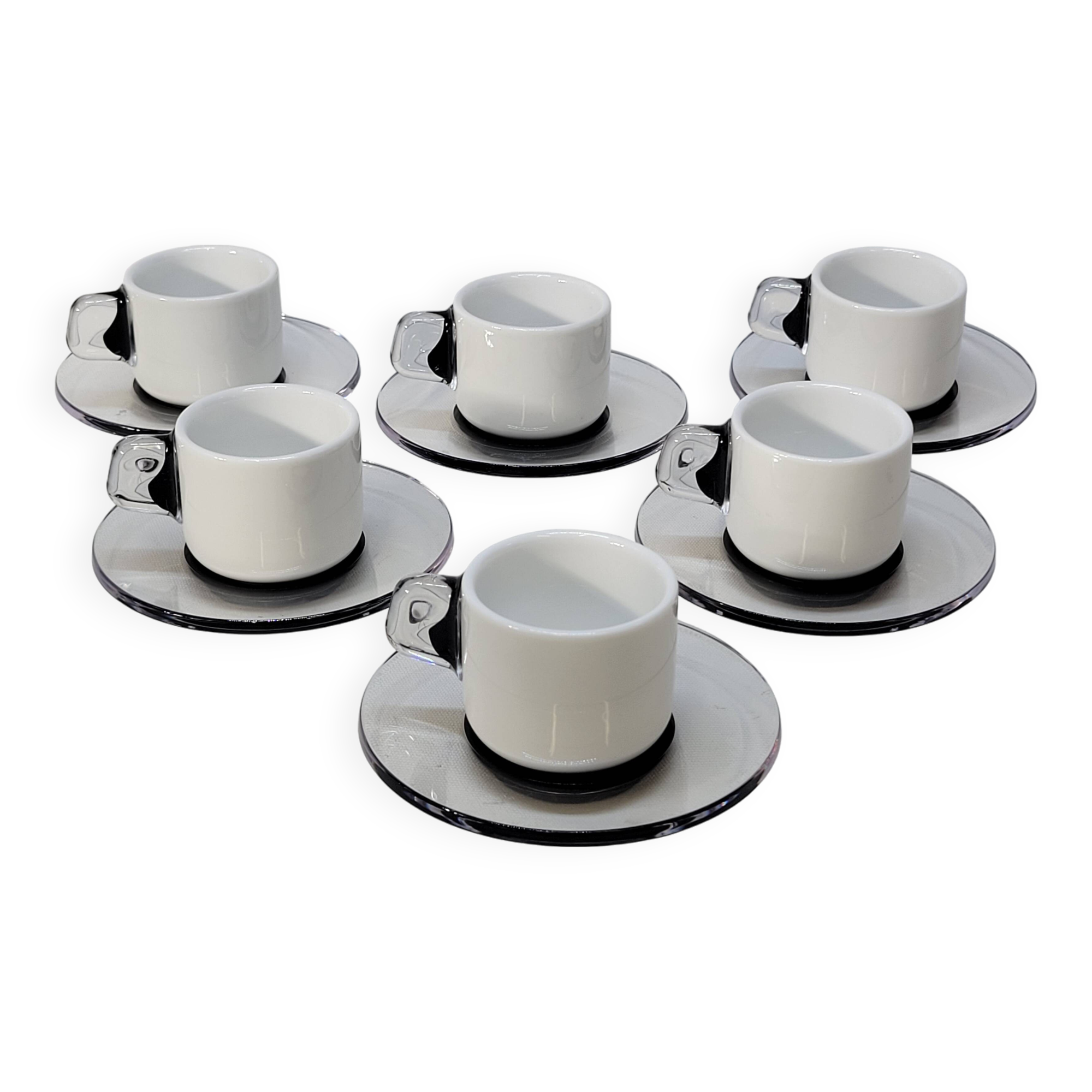Guzzini Coffee Set 6 Porcelain Espresso Cups and 6 Plexiglas Saucers