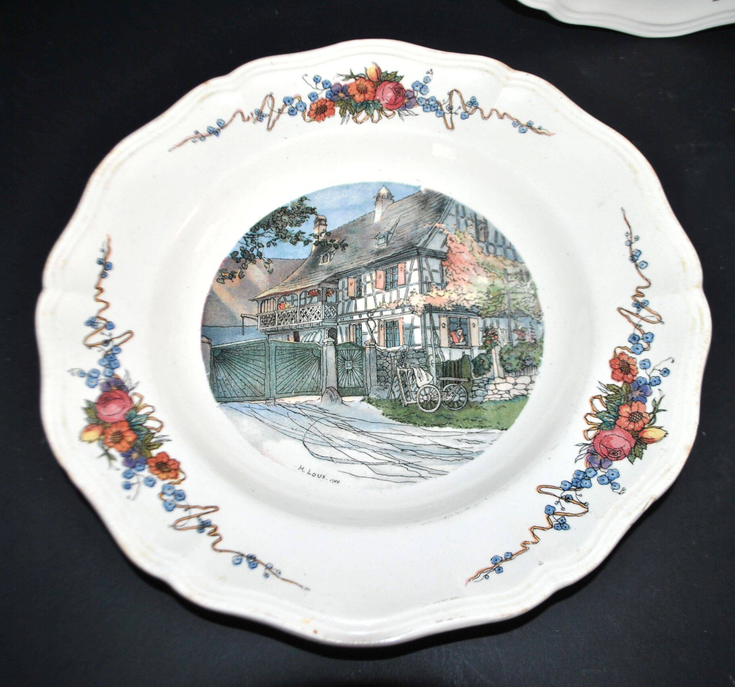 Sarreguemines set of 6 flat plates Obernai village Alsace by Loux