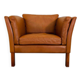 Fauteuil lounge scandinave vintage en cuir cognac, style milieu du siècle