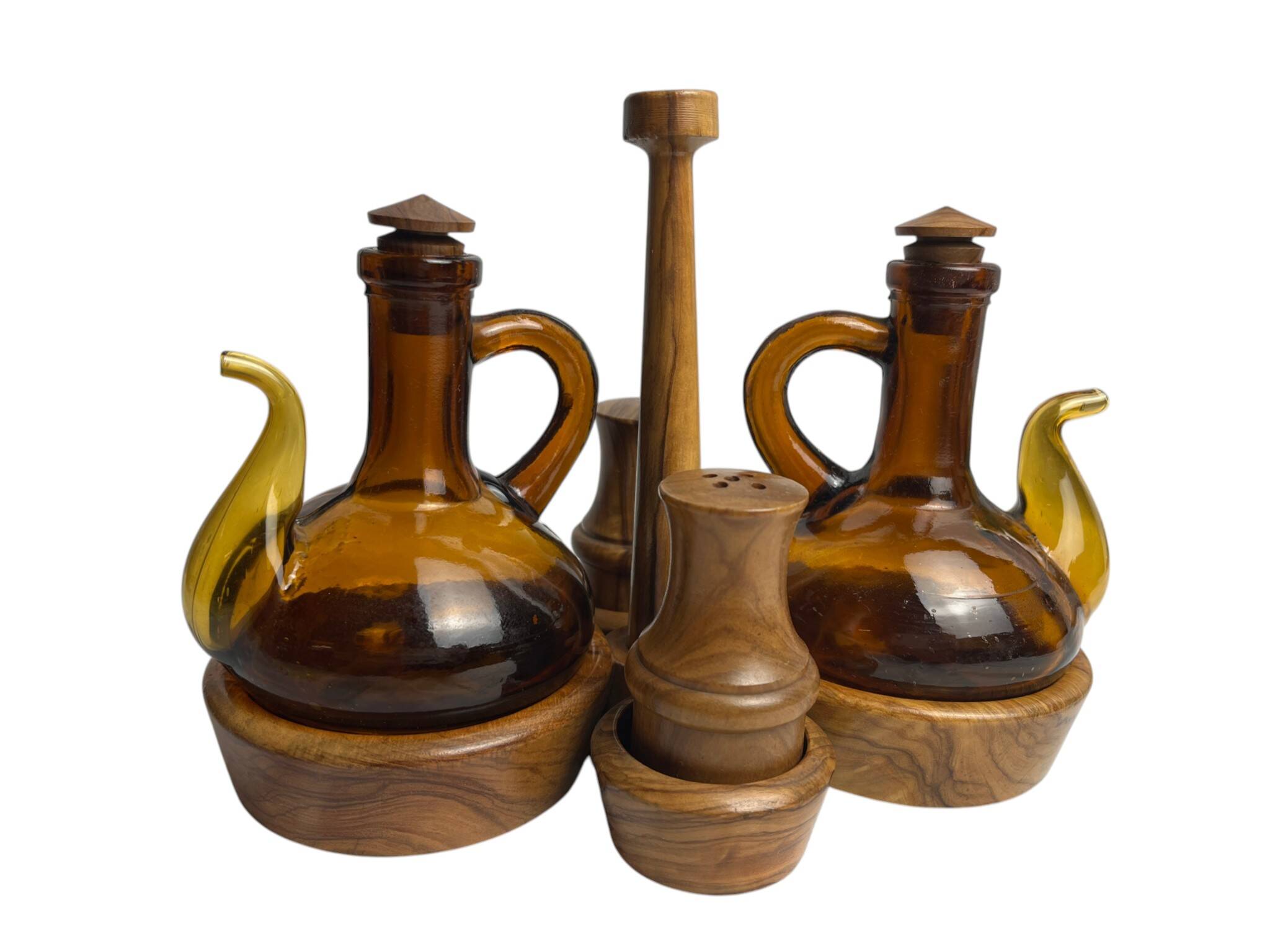 Vintage oil and vinegar server, Biot, olive wood, 20th century.