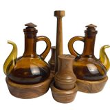 Vintage oil and vinegar server, Biot, olive wood, 20th century.