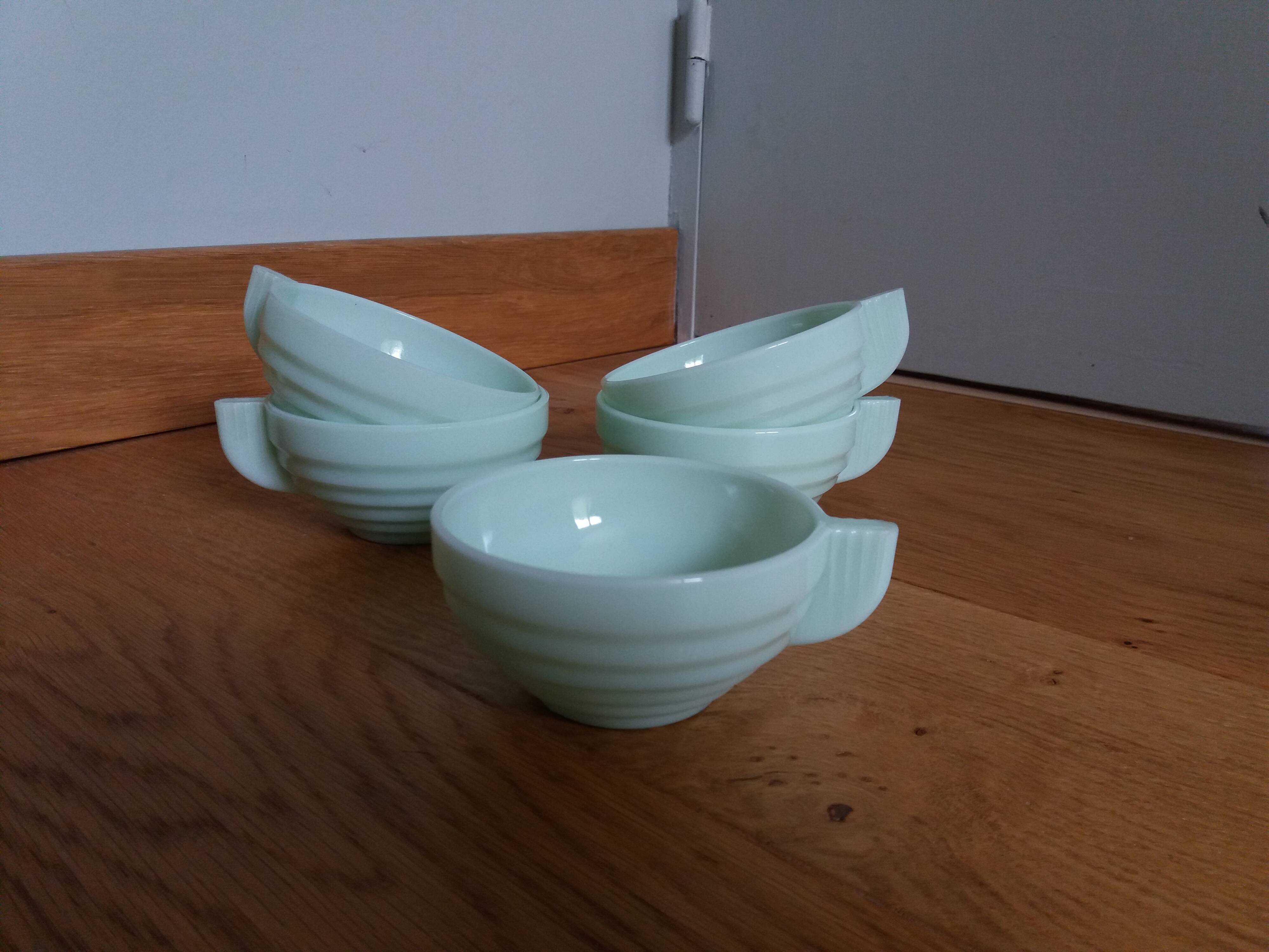 5 pale green Art Deco opaline cups