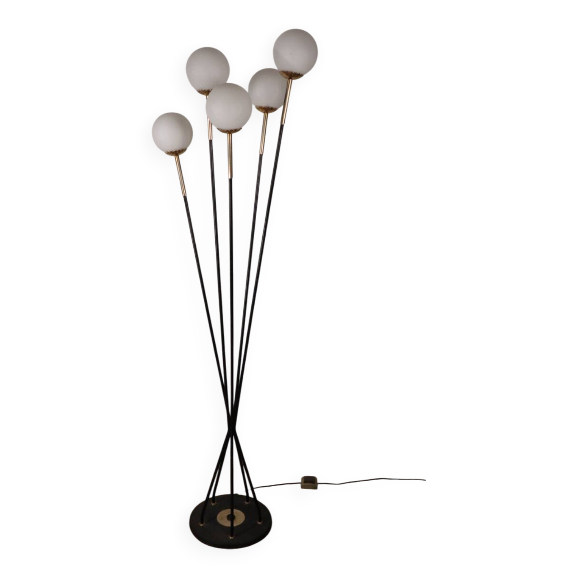 Vintage Arlus floor lamp in black lacquered metal and opaline globes, 1960