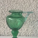Candle holder, oil lamp in blown glass green glassware of vintage biot signed
