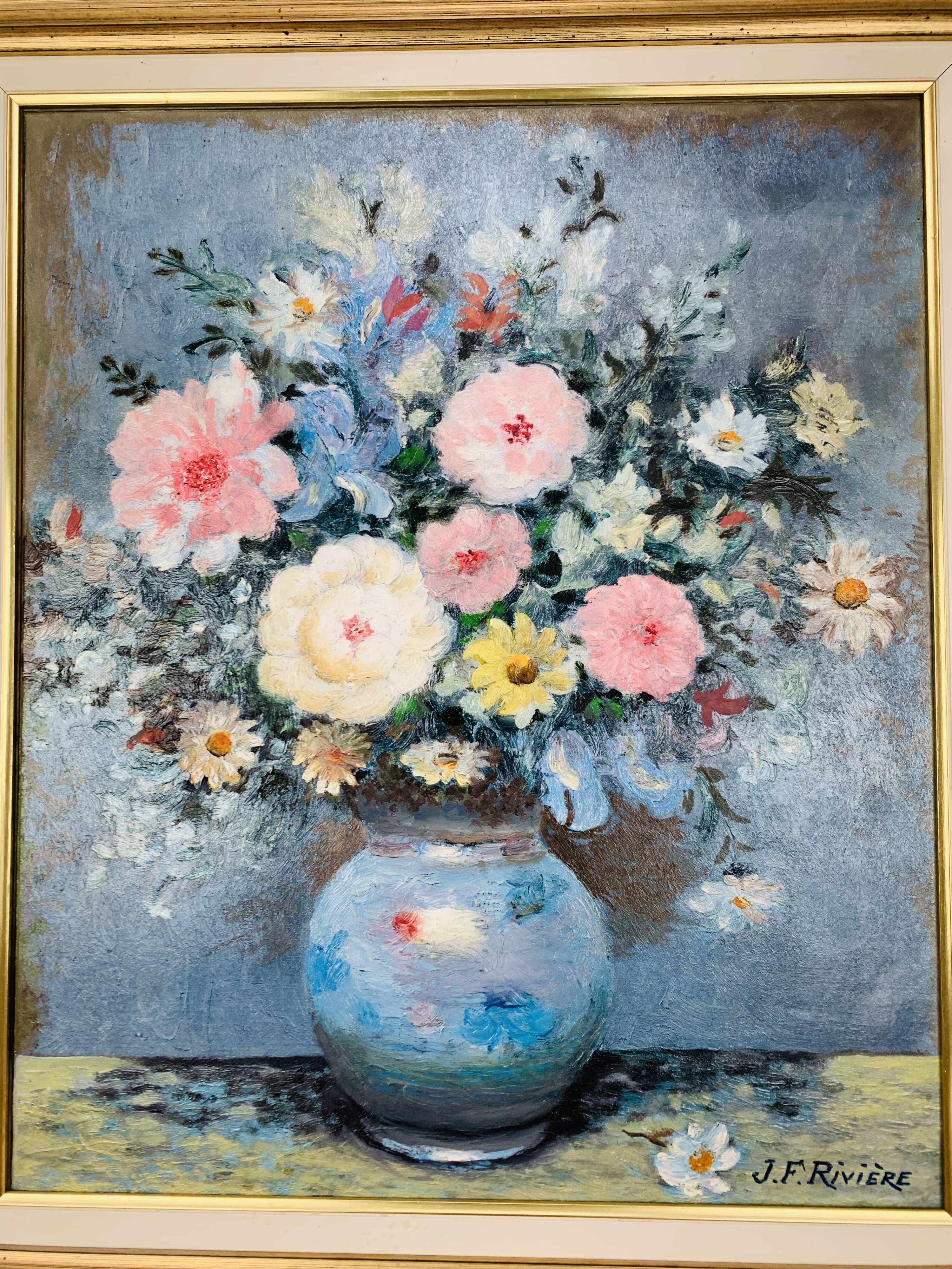 Still life painting of a bouquet of flowers, golden frame