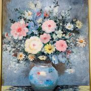 Still life painting of a bouquet of flowers, golden frame