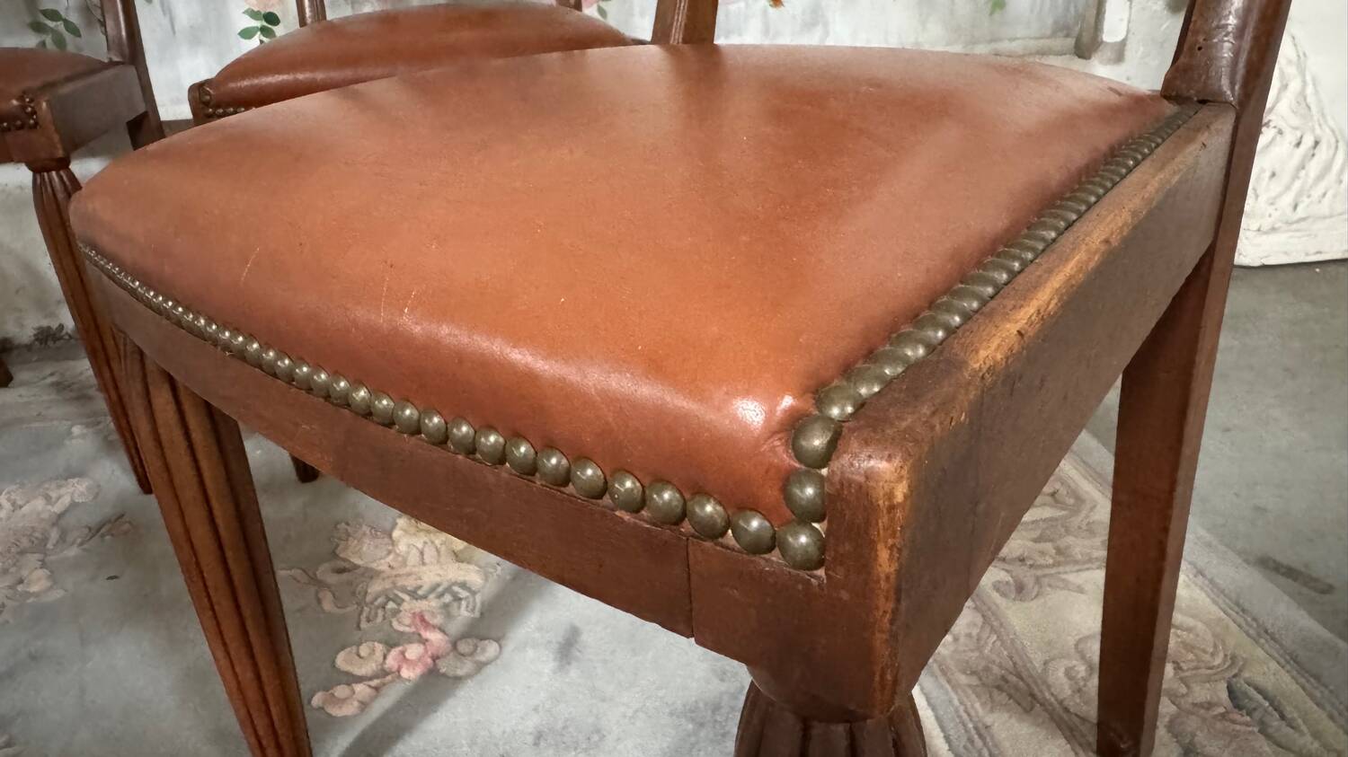 6 Art Deco walnut and leather chairs