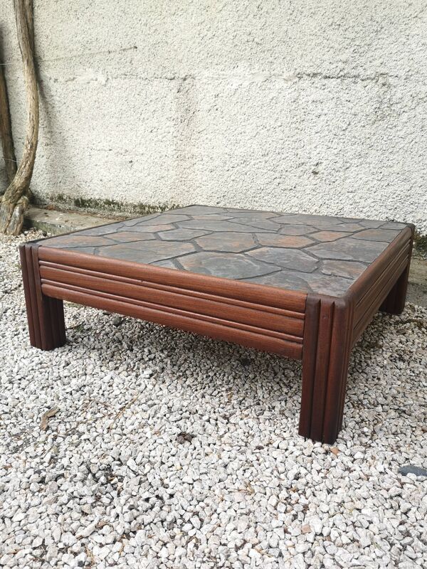 Table basse carrée en chêne et plateau céramique