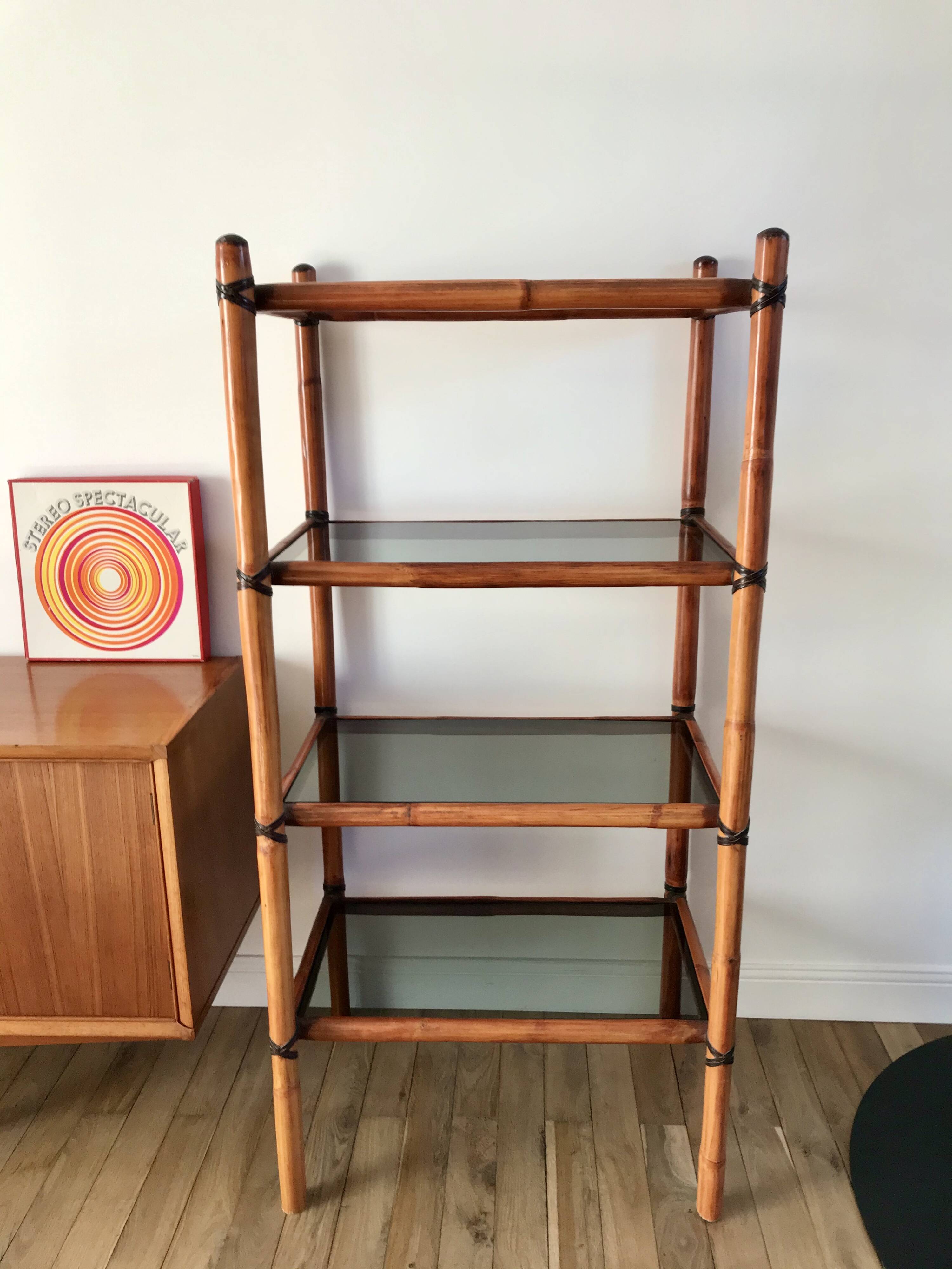 Large rattan shelf, leather strips and smoked glass 70s-80s