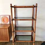 Large rattan shelf, leather strips and smoked glass 70s-80s