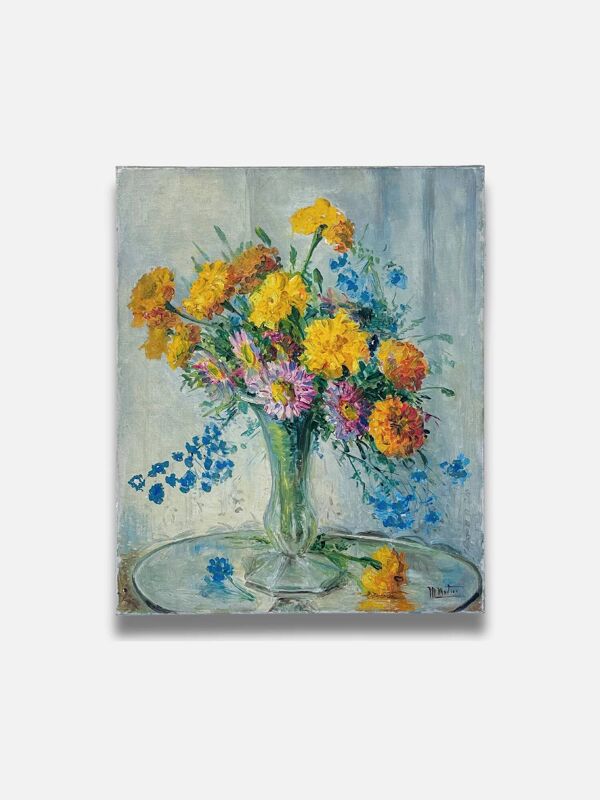 Tableau ancien - Bouquet de fleurs dans vase en verre
