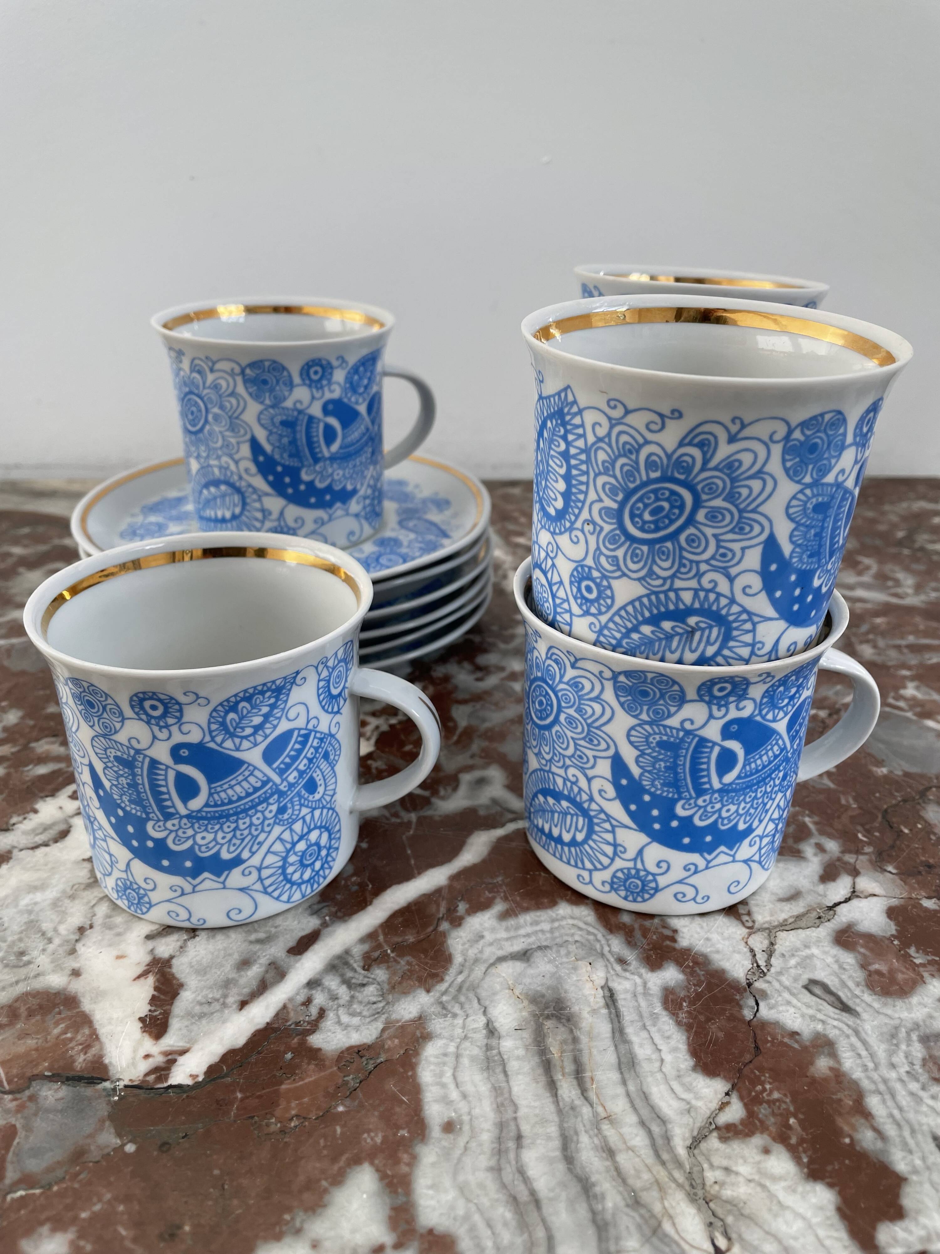 Coffee and tea set, vintage, stylized bird decor, retro, design, blue