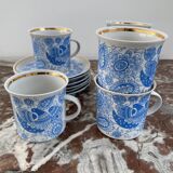 Coffee and tea set, vintage, stylized bird decor, retro, design, blue