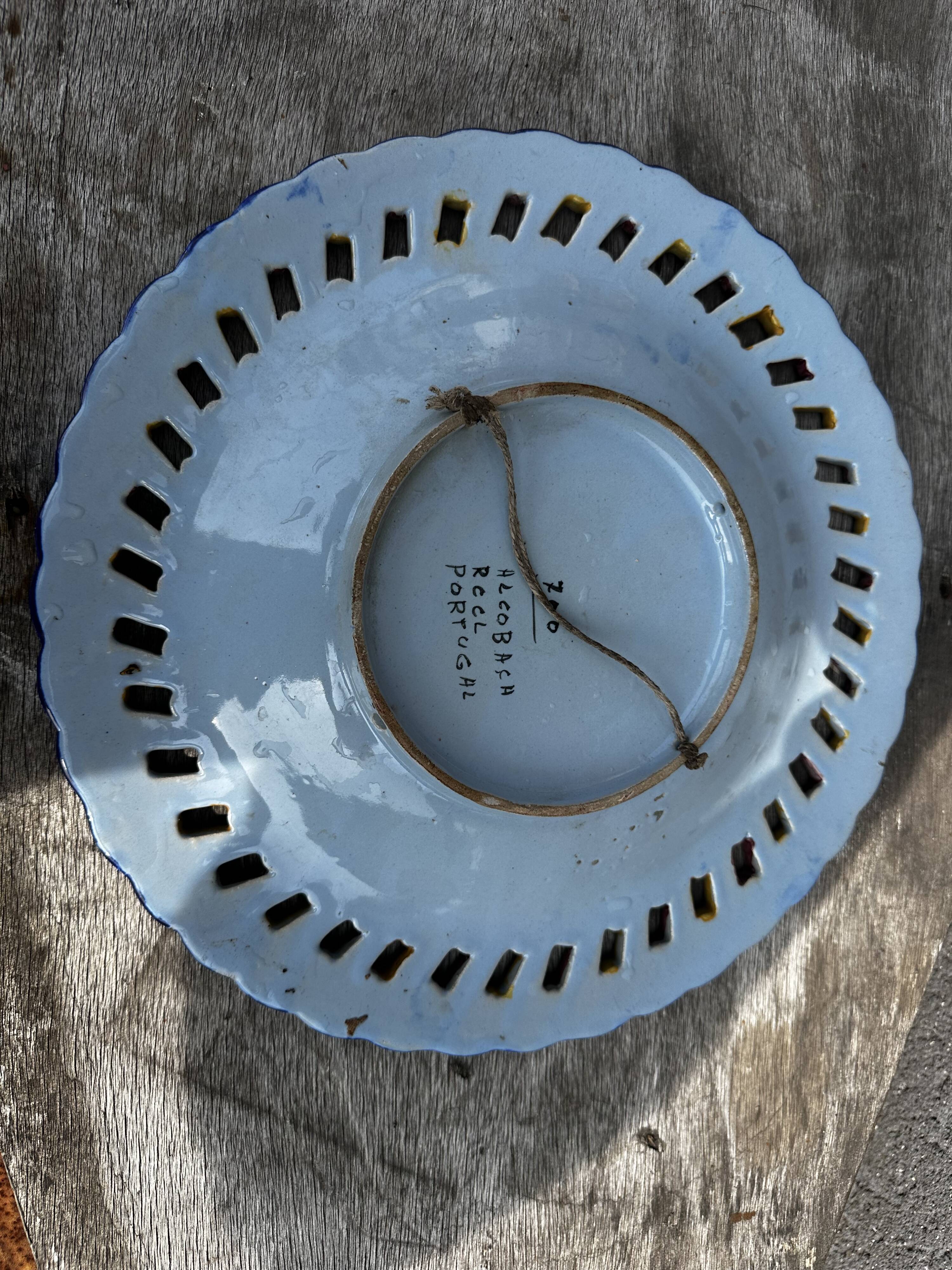 Openwork ceramic dish, hand-painted, Alcobach, Portugal, 35 cm diameter