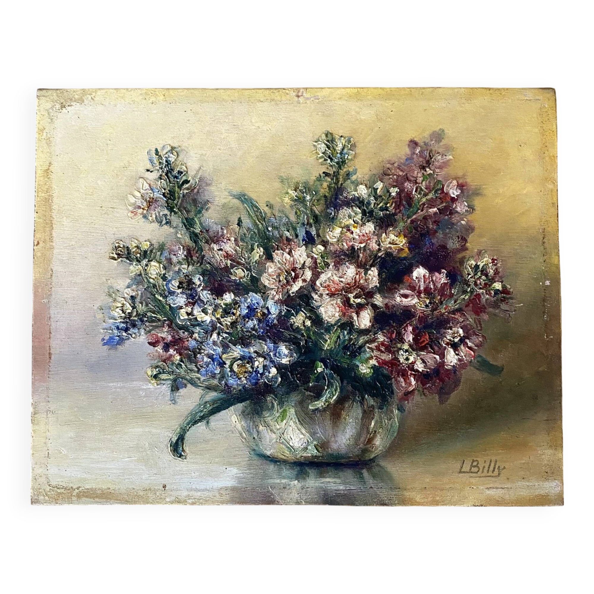 Old painting of a bouquet of flowers, oil on wood.