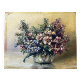 Old painting of a bouquet of flowers, oil on wood.