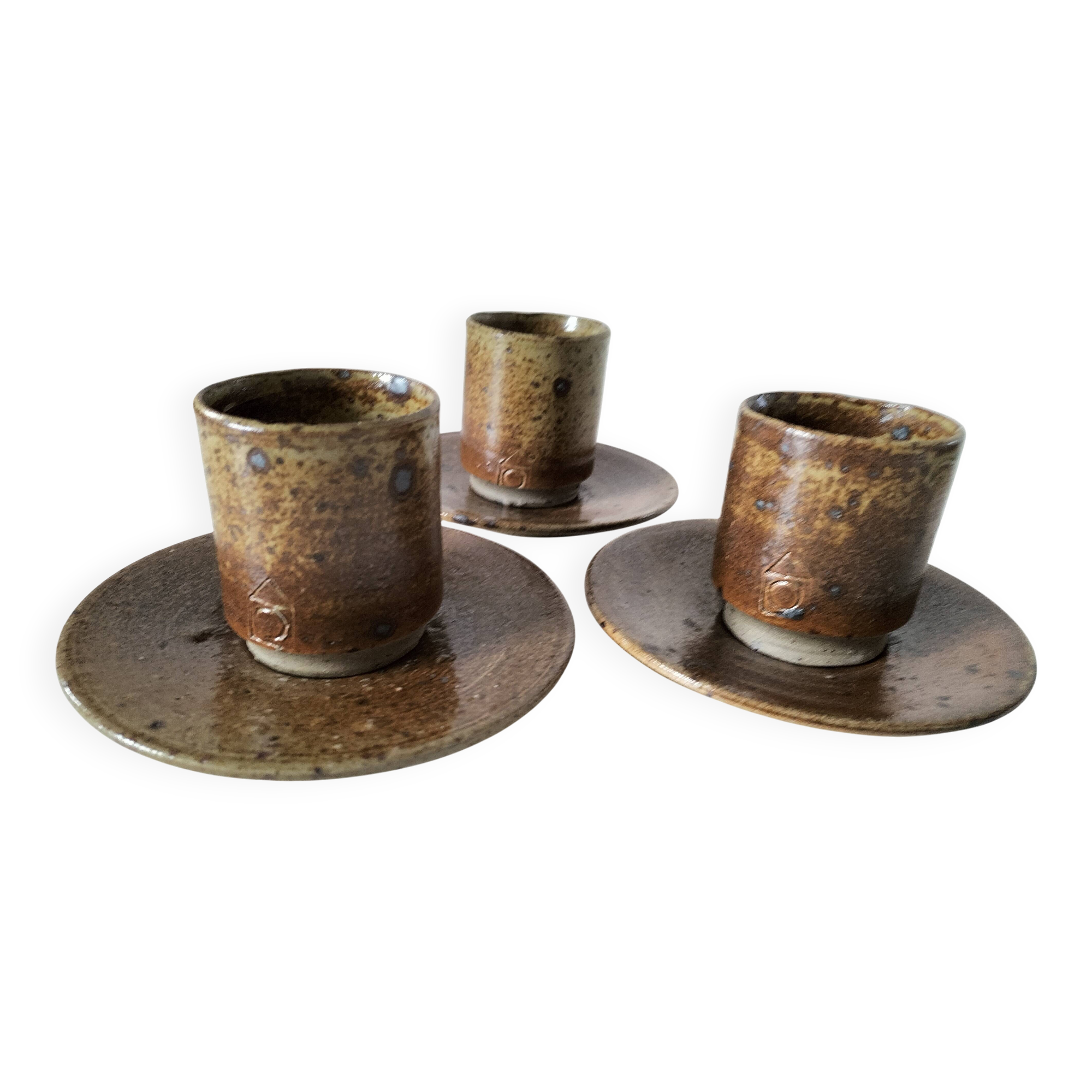 Set of three cups and saucers in pyrite stoneware - Charles Gaudry, Puisaye