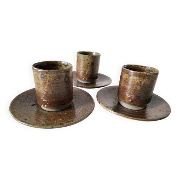 Trio de tasses et soucoupes en grès pyrité - Charles Gaudry, Puisaye