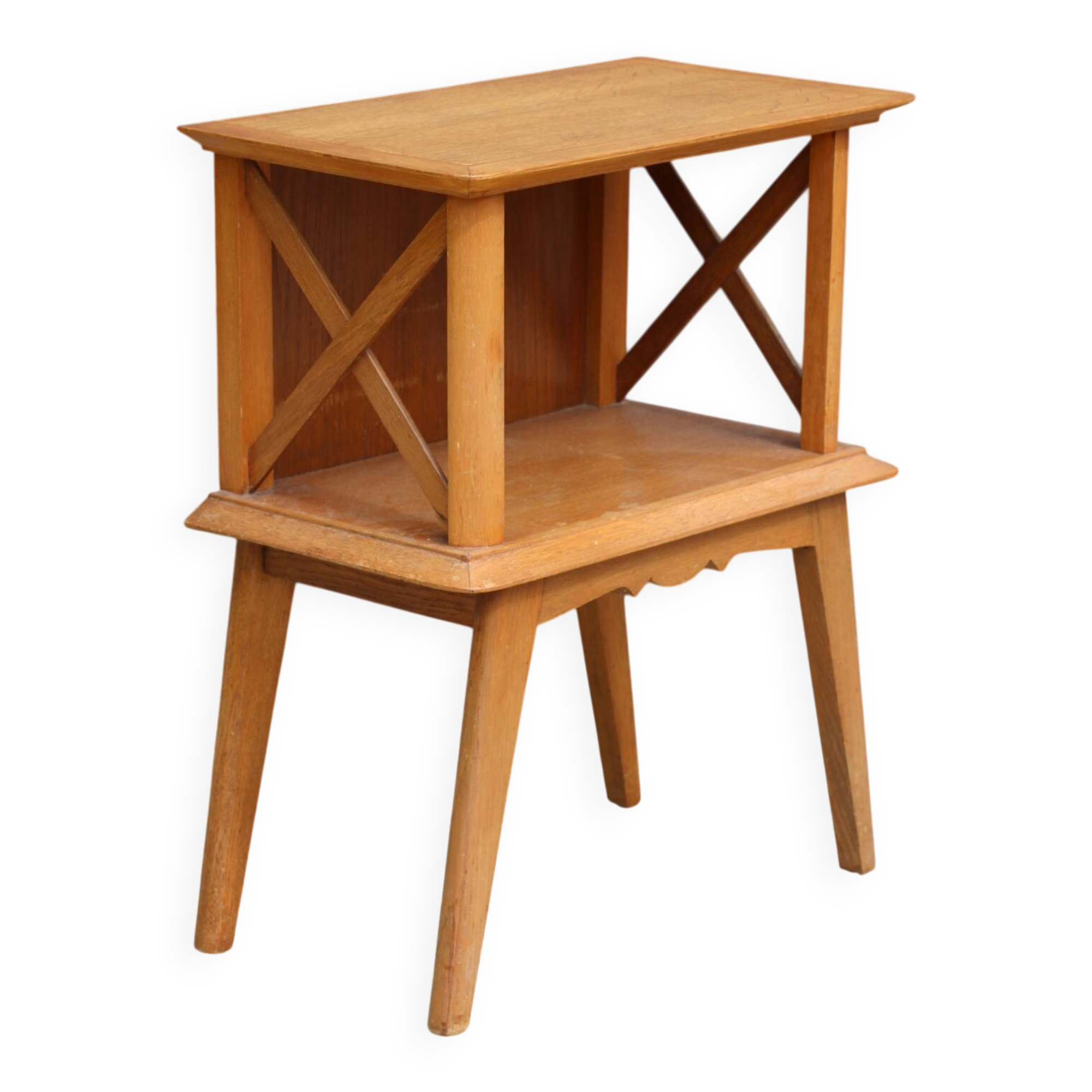 Crossed lattice bedside table veneered in oak
