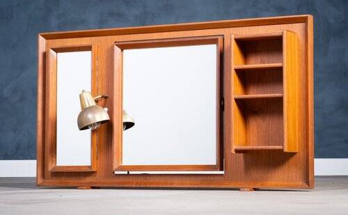 Vintage Freestanding Teak Mirror with Lamp, 1960s