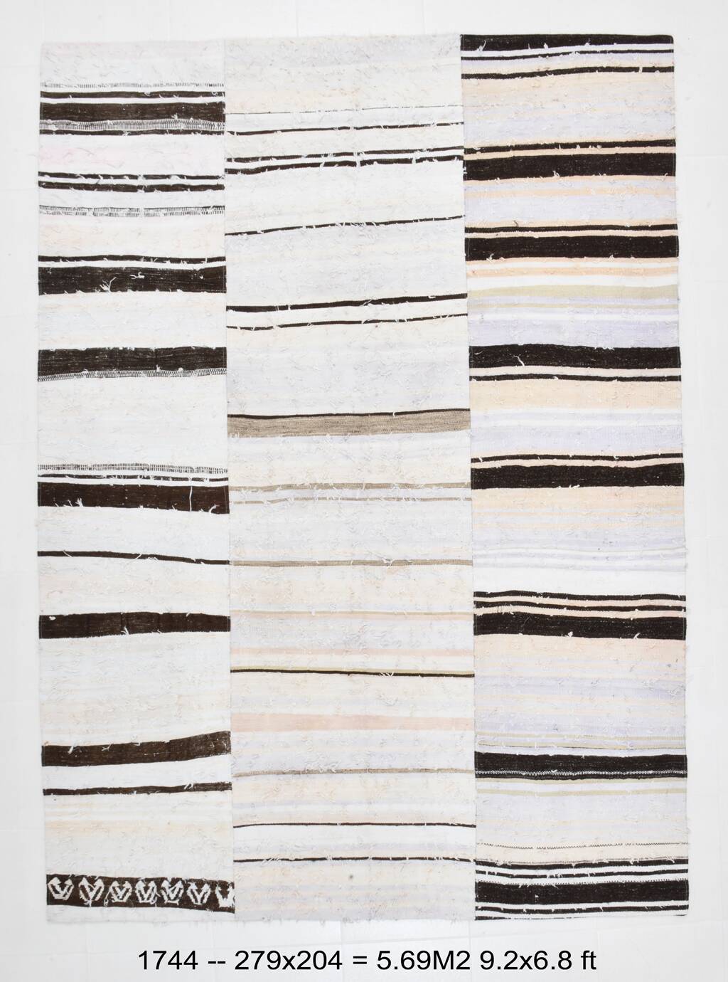 7x9 Brown Cream Striped Handmade Vintage Kilim Rug, 204x279Cm