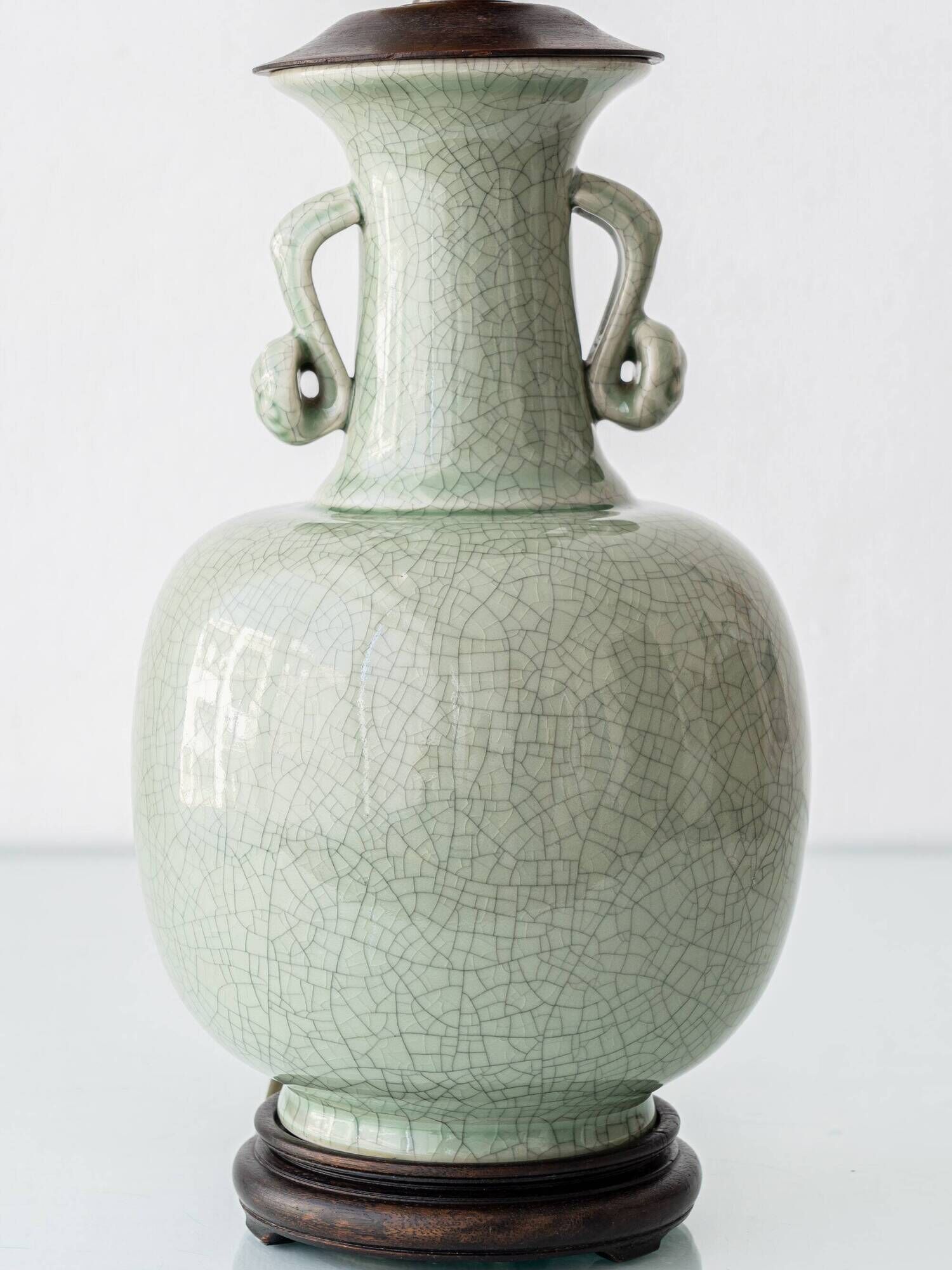 Celadon Crackle Glaze Porcelain Table Lamp in Chinese Style with Scroll Handles