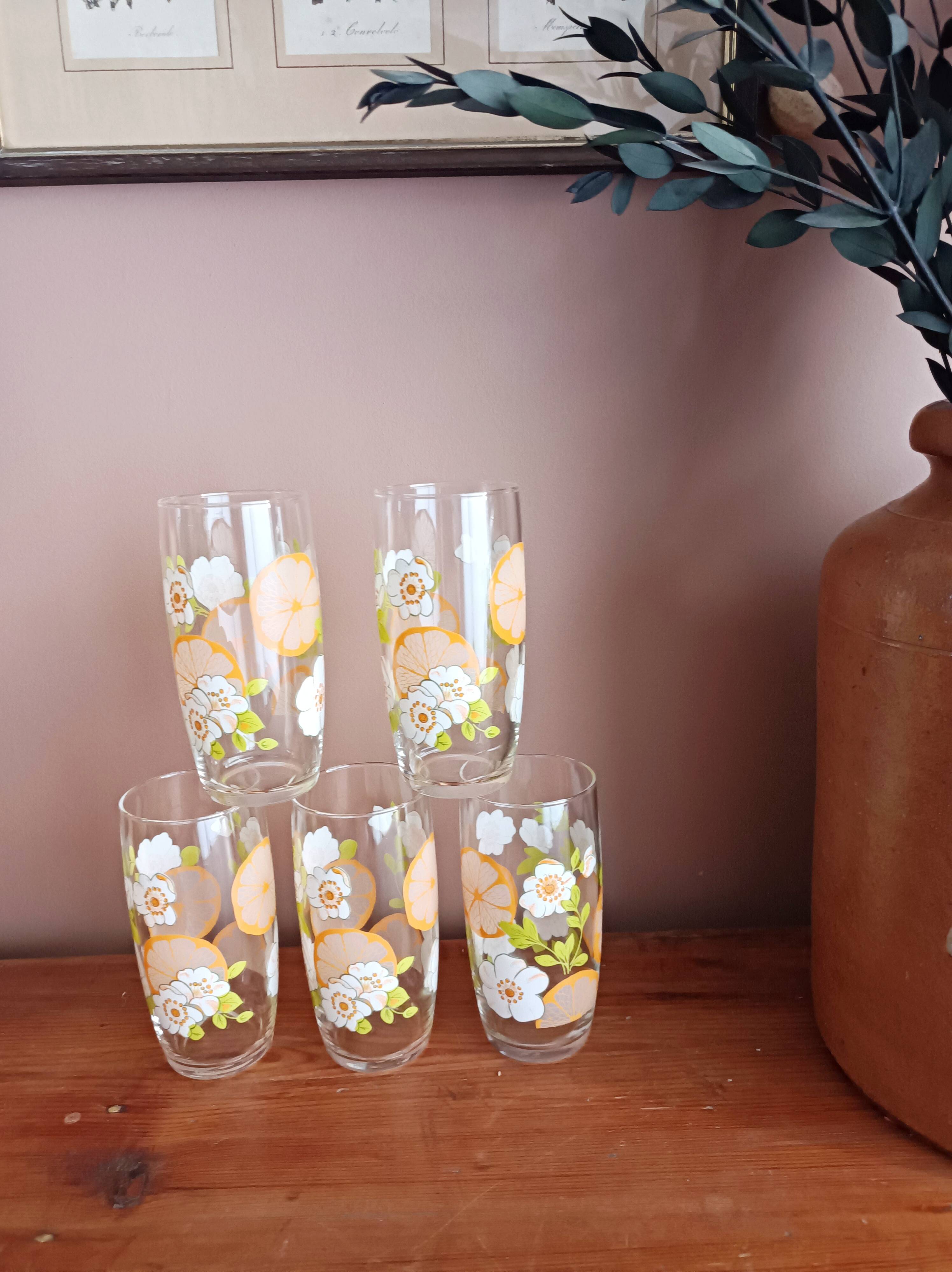 Set of 5 floral orangeade glasses