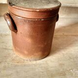Brown enamelled stoneware pot and lid