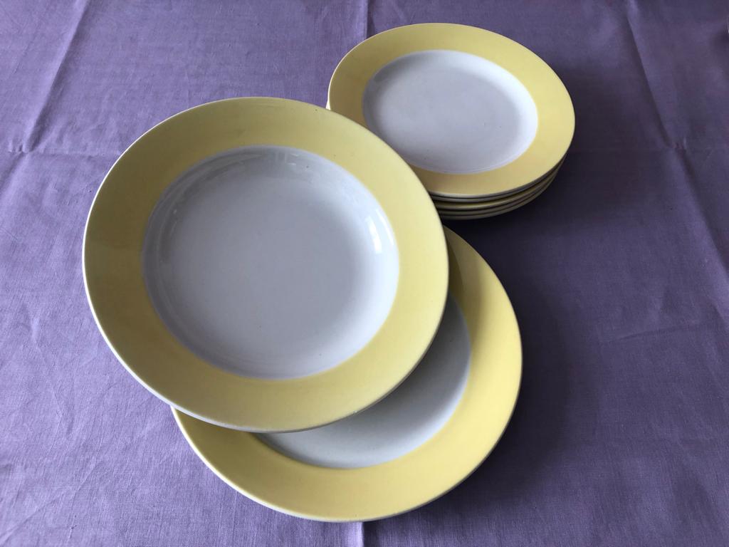 Vintage 1960s crockery service, wide yellow-brimed
