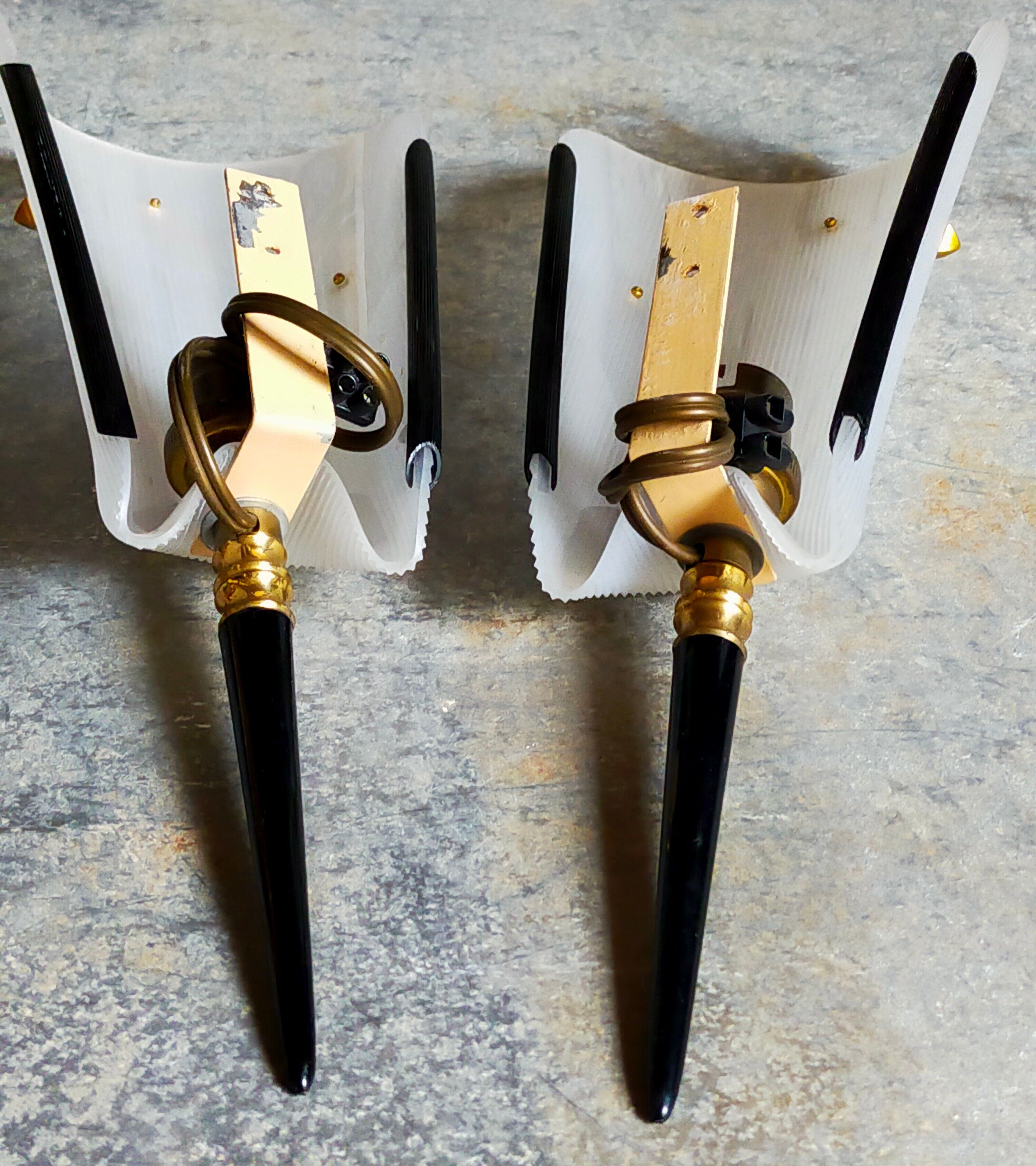 Pair of vintage plexi and bakelite 50s wall lamps